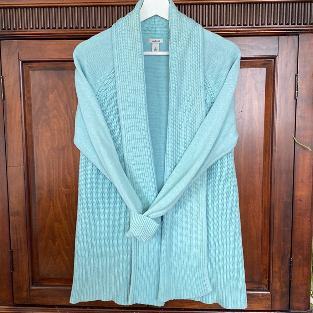 L. L. Bean long open front cardigan Robins Egg Blue, 100% cotton